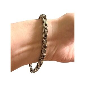 Vintage Silver Tone Byzantine Link Chain Bracelet Square Interlocking Design